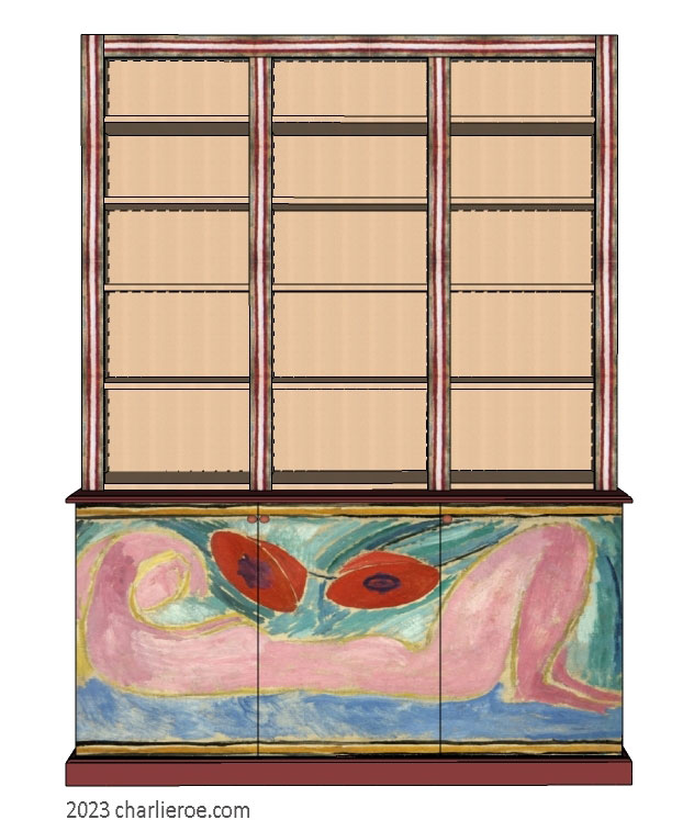 New Omega Workshops Bloomsbury Group style hand painted 3 bay 3 door bookcase with decorative painted door panels