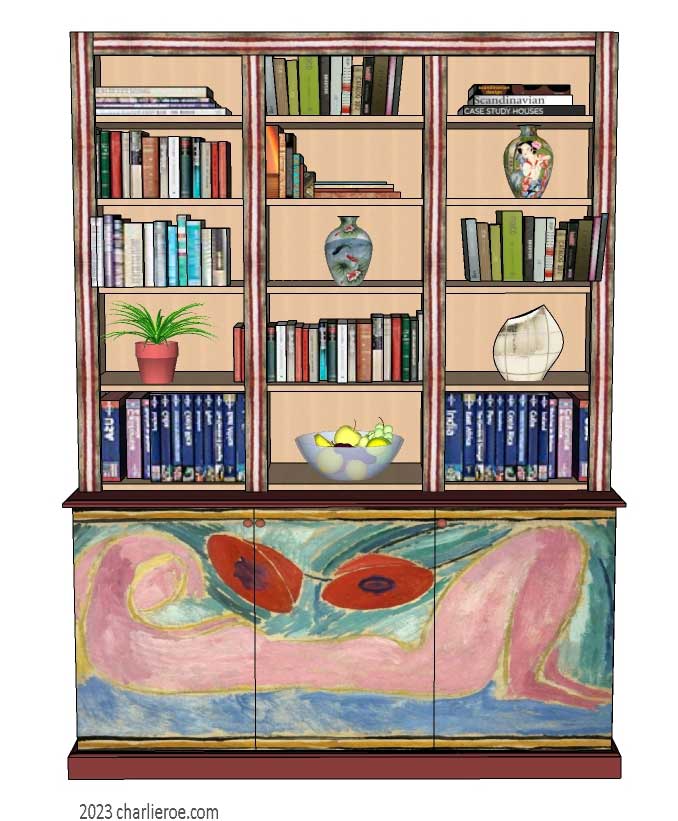 New Omega Workshops Bloomsbury Group style hand painted 3 bay 3 door bookcase with decorative painted door panels