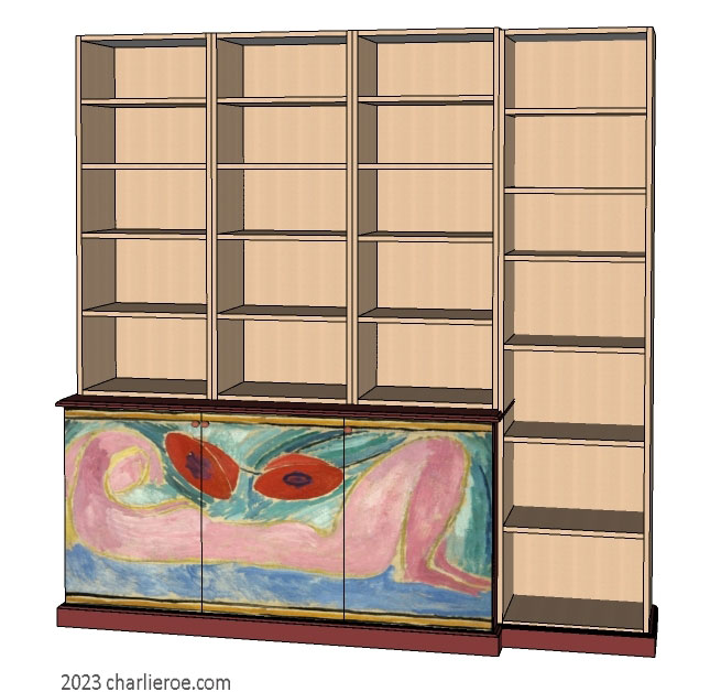 New Omega Workshops Bloomsbury Group style hand painted 4 bay 3 door bookcase with decorative painted door panels