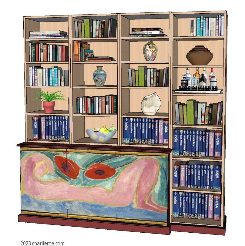 New Omega Workshops Bloomsbury Group style hand painted 4 bay 3 door bookcase with decorative painted door panels