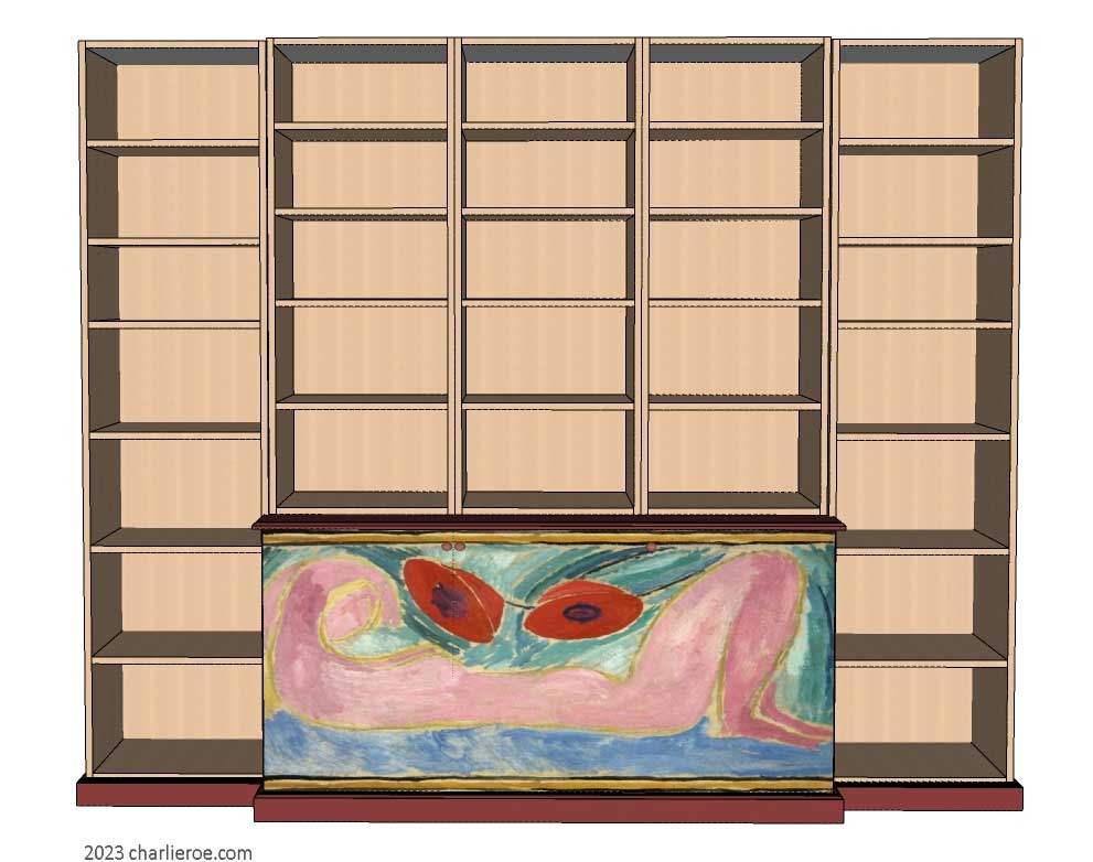 New Omega Workshops Bloomsbury Group style hand painted 5 bay 3 door bookcase with decorative painted door panels