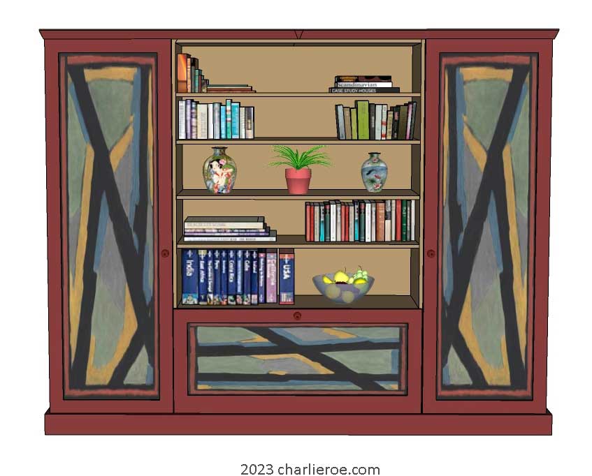 New Omega Workshops Bloomsbury Group style hand painted 3 door bookcase with decorative hand painted door panels