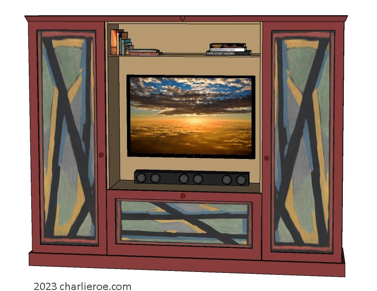 New Omega Workshops Bloomsbury Group style 3 door media center with hand painted abstract design door panels