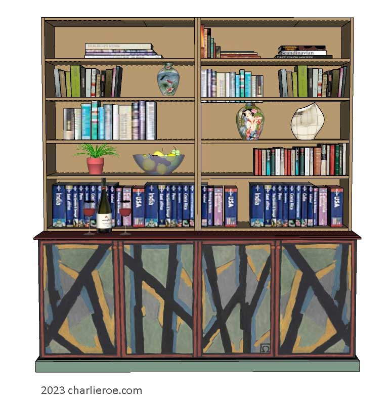 New Omega Workshops Bloomsbury Group style 4 door bookcases with hand painted abstract design door panels