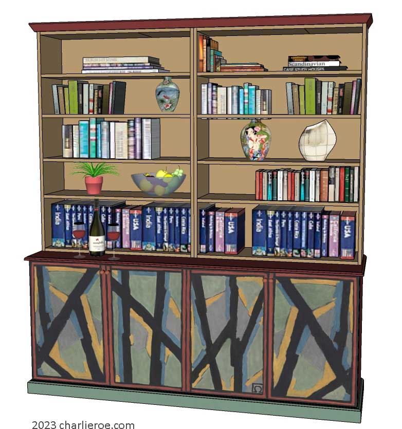 New Omega Workshops Bloomsbury Group style hand painted 4 door bookcase media center with decorative hand painted door panels