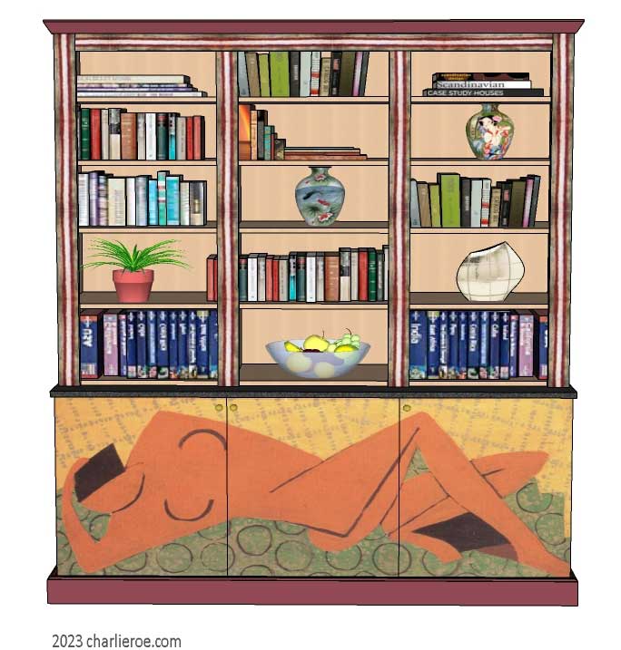 New Omega Workshops style 3 bay 3 door bookcase with hand painted nude design door panels