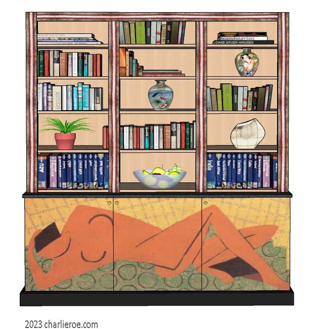 New Omega Workshops style 3 bay 3 door bookcase with hand painted nude design door panels