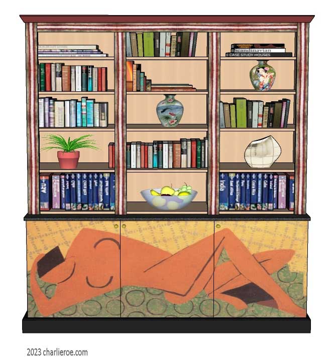 New Omega Workshops style 3 bay 3 door bookcase with hand painted nude design door panels
