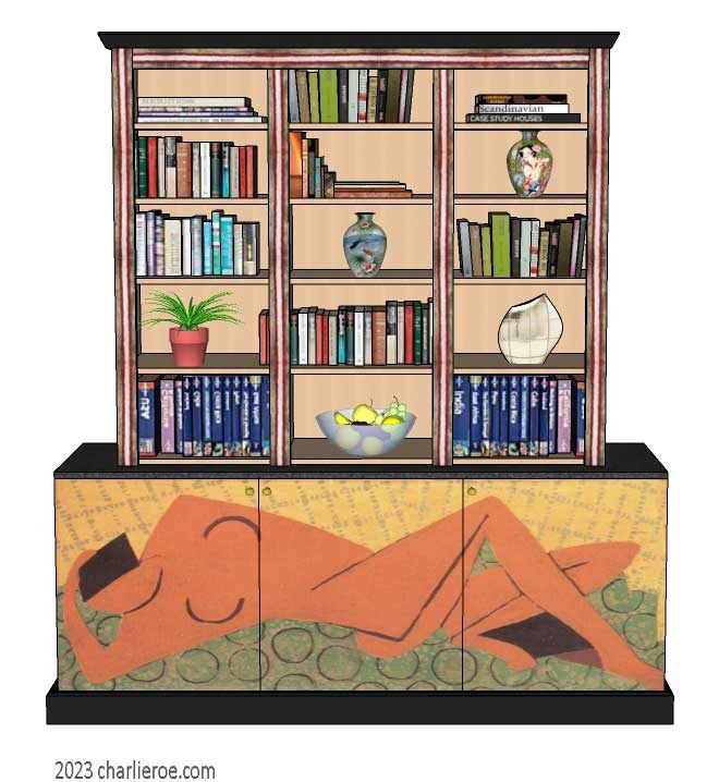 New Omega Workshops style 3 bay 3 door bookcase with hand painted nude design door panels