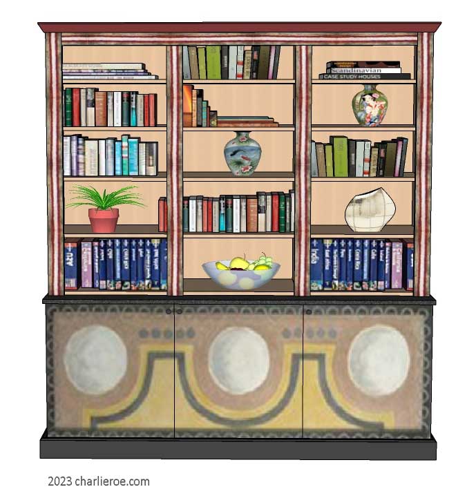 New Bloomsbury Group style 3 bay 3 door bookcase with decorative hand painted door panels