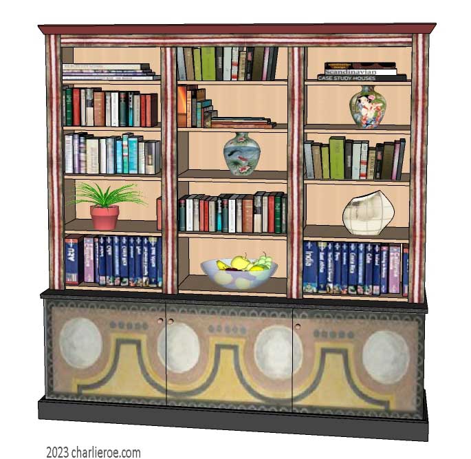 New Omega Workshops style 3 bay 3 door bookcase with hand painted design door panels