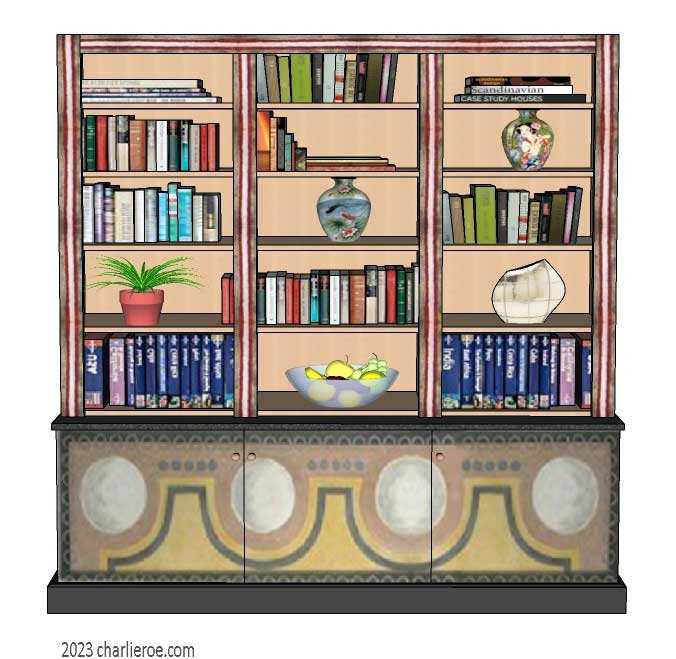 New Omega Workshops style 3 bay 3 door bookcase with hand painted design door panels