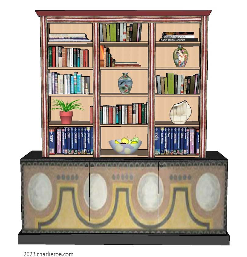 New Omega Workshops style 3 bay 3 door bookcase with hand painted design door panels