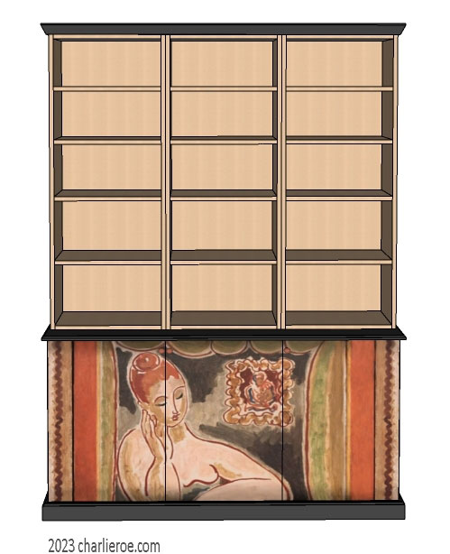 New Omega Workshops style 3 bay 3 door bookcase with hand painted design door panels