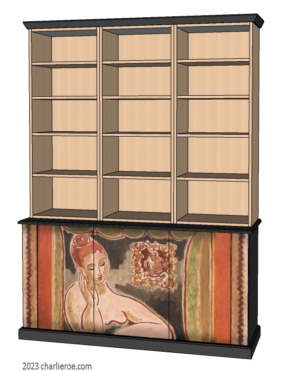 New Bloomsbury Group style 3 bay 3 door bookcase with decorative hand painted door panels