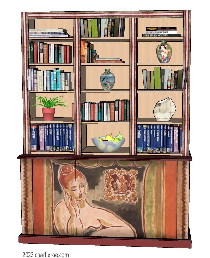 New Omega Workshops style 3 bay 3 door bookcase with hand painted design door panels