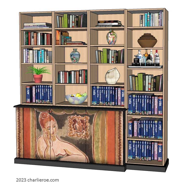 New Omega Workshops style 4 bay 3 door bookcase with hand painted design door panels