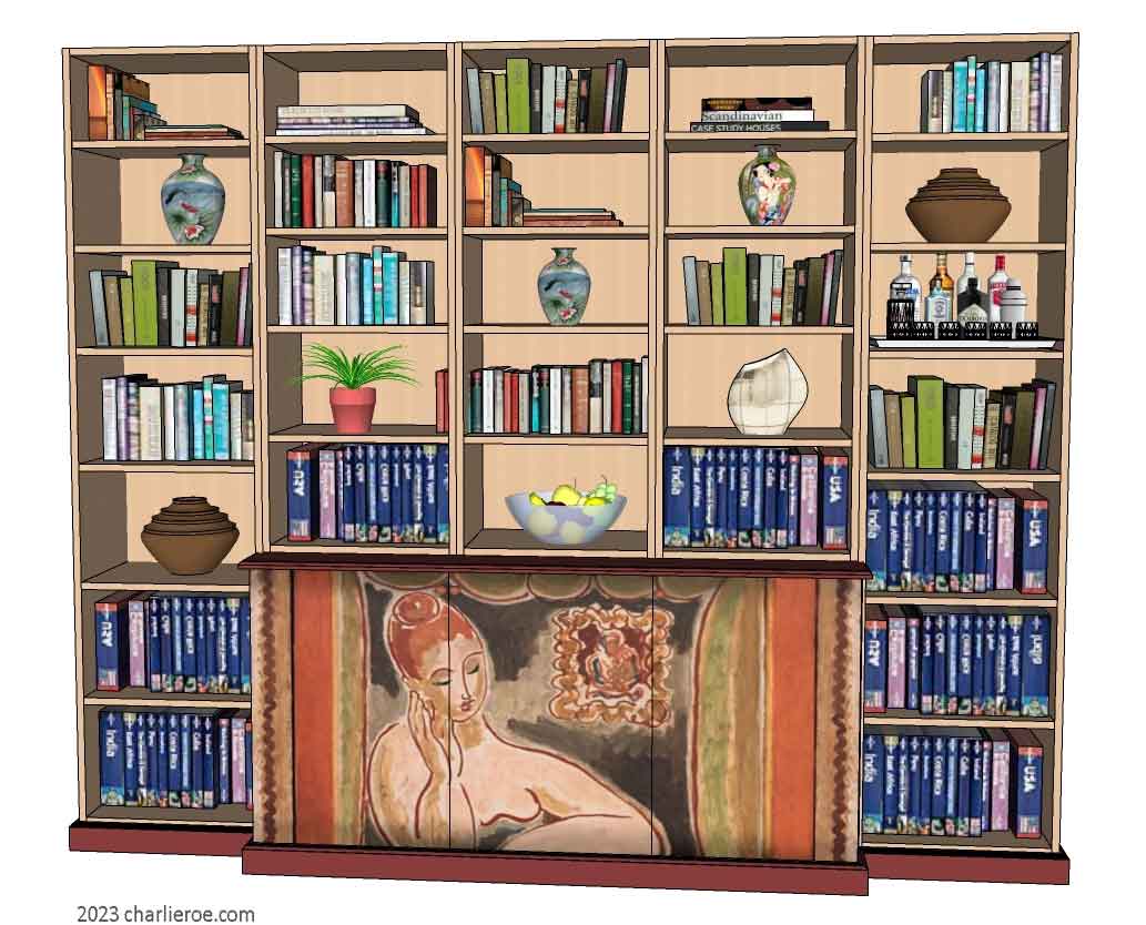 New Omega Workshops style 5 bay 3 door bookcase with hand painted design door panels