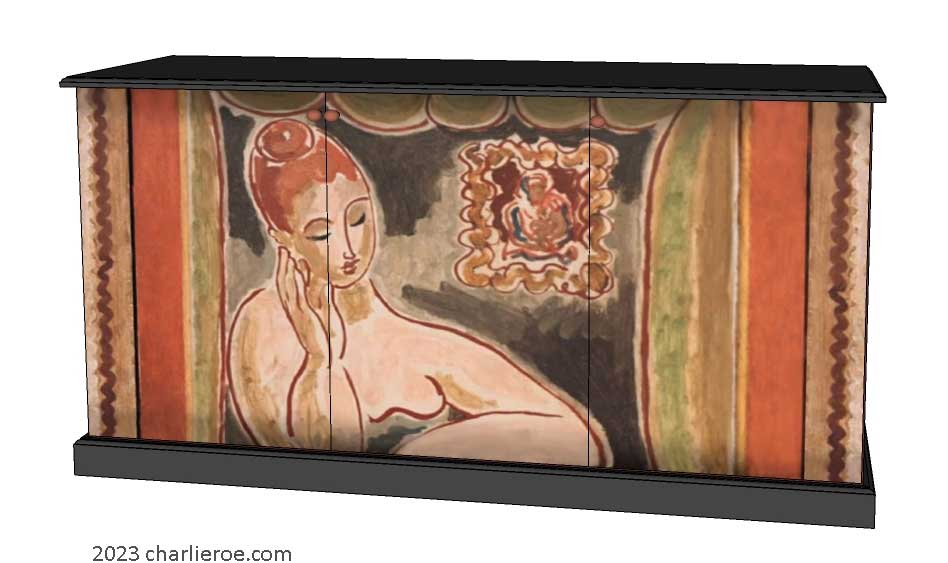 New Omega Workshops style 3 door sideboard with hand painted design door panels