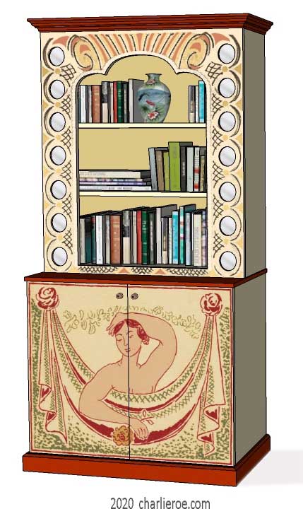 New Bloomsbury Group style painted 2 door bookcase with decorative painted woman & swag on the doors and ornate shaped top section with mirror roundels