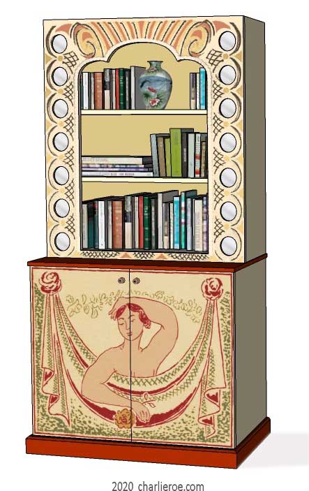 New Bloomsbury Group style painted 2 door bookcase with decorative painted woman & swag on the doors and ornate shaped top section with mirror roundels, 