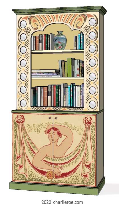 New Bloomsbury Group style painted 2 door bookcase with decorative painted woman & swag on the doors and ornate shaped top section with mirror roundels, 