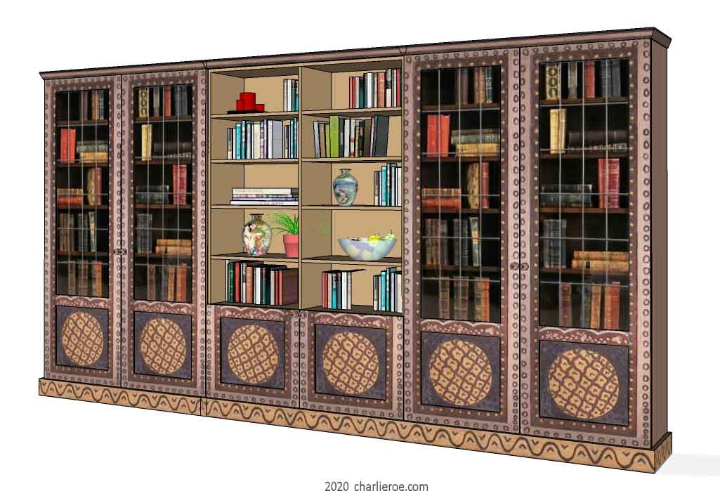 New Bloomsbury Group style painted 6 bay bookcase with decorative painting