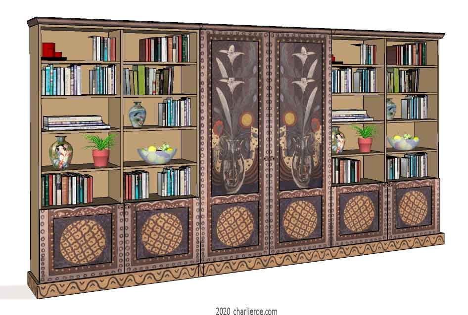 New Bloomsbury Group style painted 6 bay bookcase with decorative painting