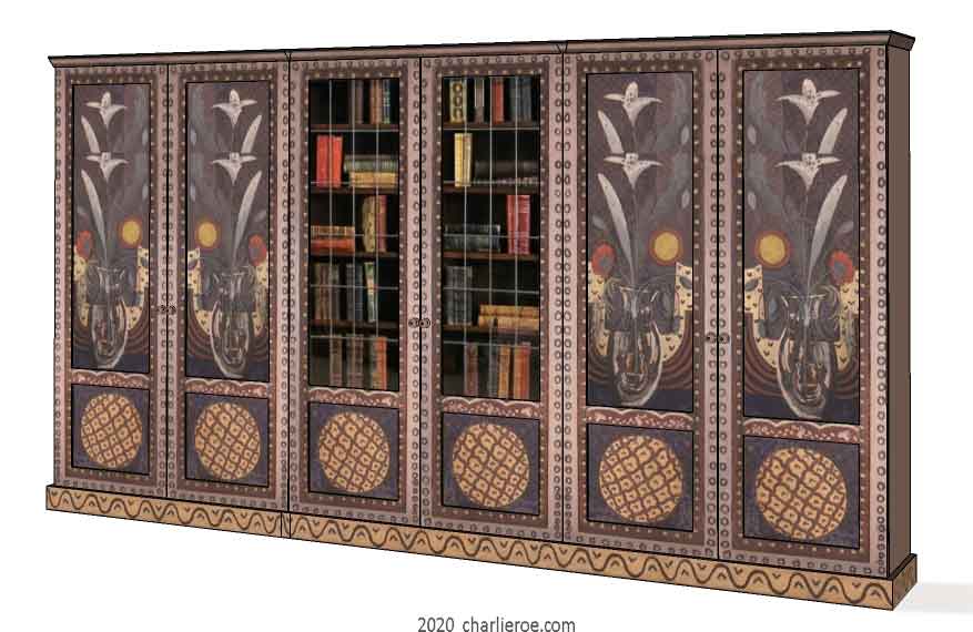 New Bloomsbury Group style painted 6 bay bookcase with decorative painting
