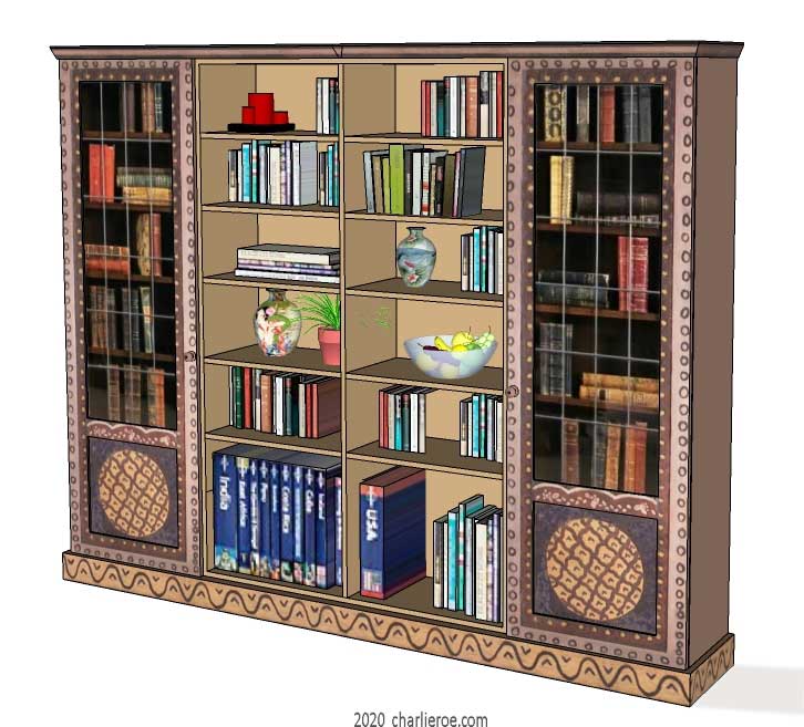 New Bloomsbury Group style painted 4 bay bookcase with decorative painting