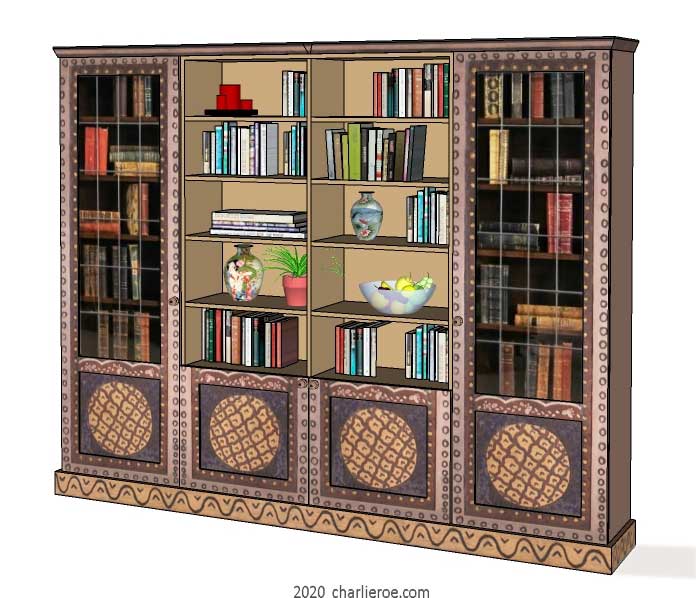 New Bloomsbury Group style painted 4 bay bookcase with decorative painting