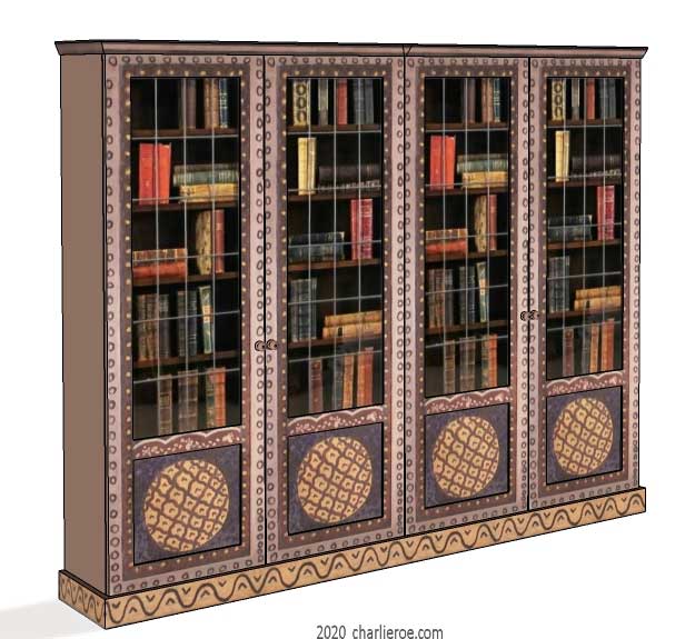 New Bloomsbury Group style painted 4 bay bookcase with decorative painting