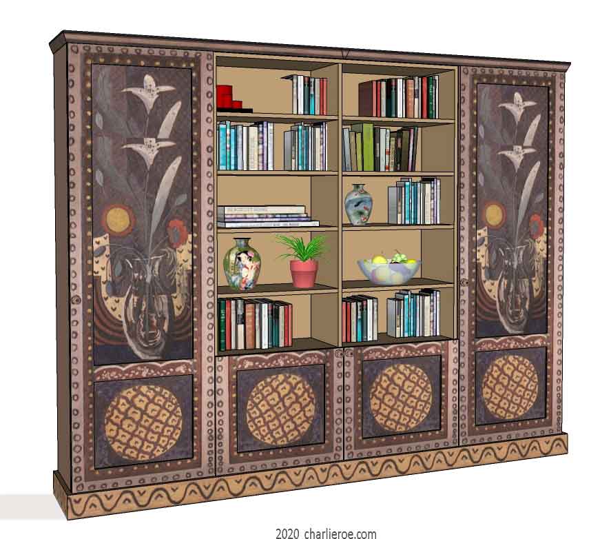 New Bloomsbury Group style painted 4 bay bookcase with decorative painting