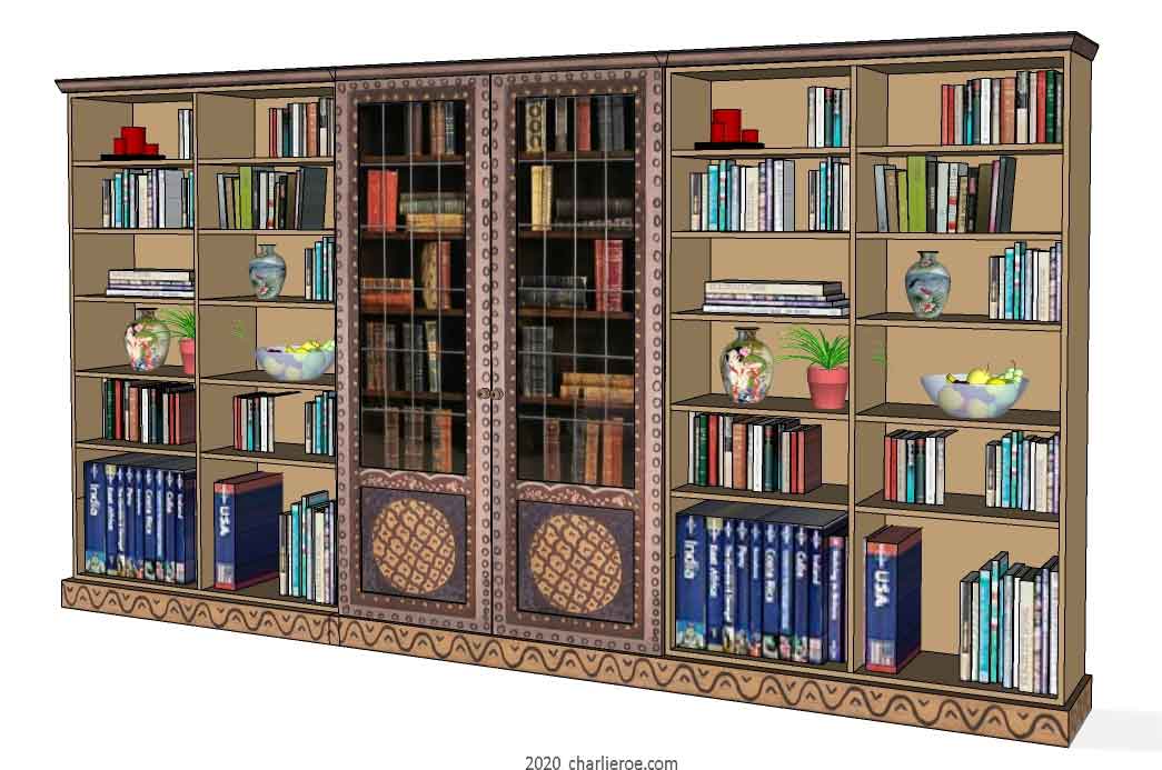 New Bloomsbury Group style painted 6 bay bookcase with decorative painting