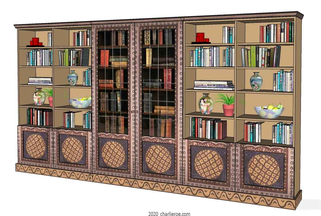 New Bloomsbury Group style painted 6 bay bookcase with decorative painting