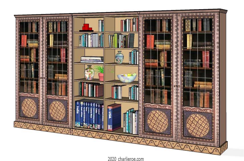 New Bloomsbury Group style painted 6 bay bookcase with decorative painting