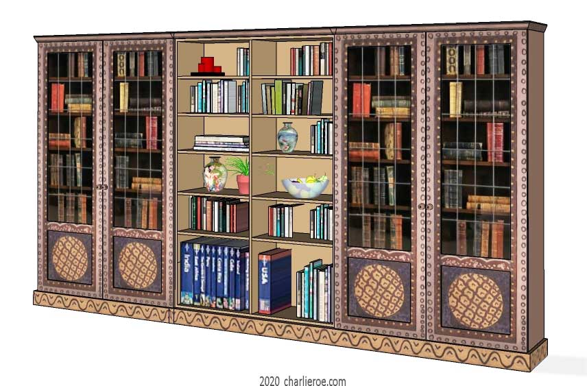 New Bloomsbury Group style painted 6 bay bookcase with decorative painting