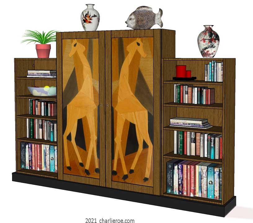 New Omega Workshops Bloomsbury Group marquetry wood veneer 4 bay bookcase or display shelf unit