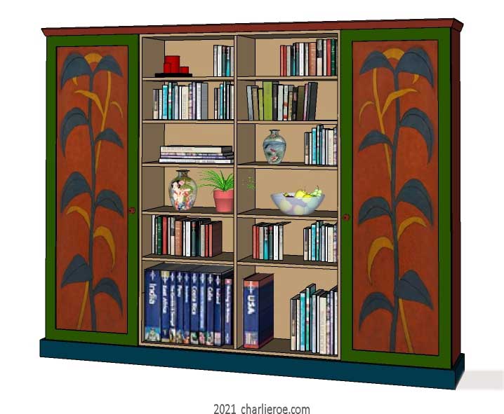 New Omega Workshops Bloomsbury Group painted 4 bay bookcase, display unit or media center unit