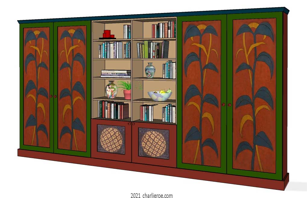 New Omega Workshops Bloomsbury Group painted 6 bay bookcase, display unit or media center unit