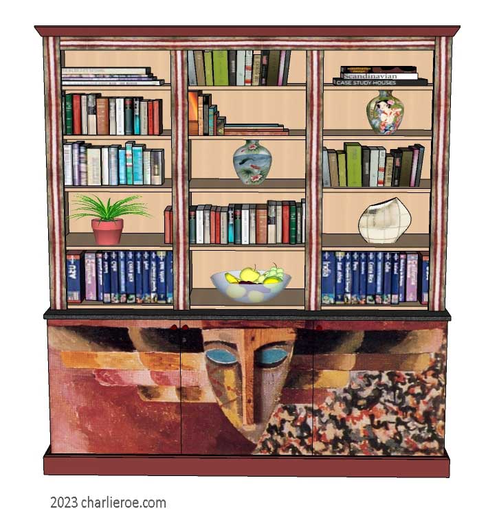 New Omega Workshops Bloomsbury Group style 3 door 3 bay bookcase with hand painted Morpheus design door panels
