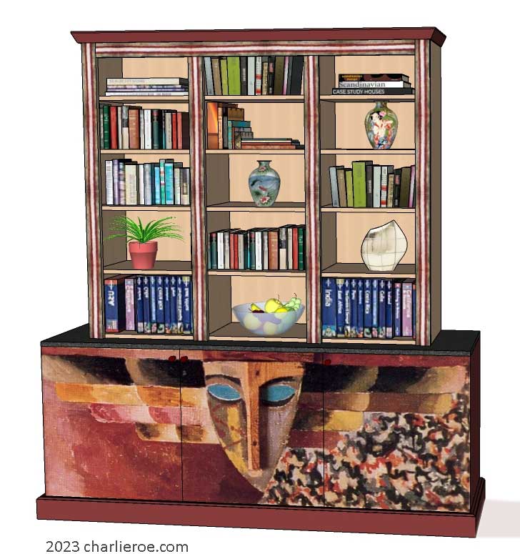 New Omega Workshops Bloomsbury Group style 3 door 3 bay bookcase with hand painted Morpheus design door panels