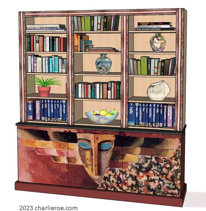 New Omega Workshops Bloomsbury Group style 3 door 3 bay bookcase with hand painted Morpheus design door panels
