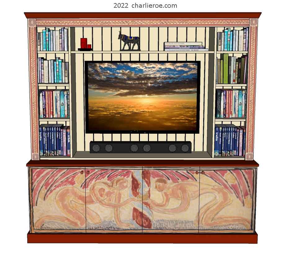 New Omega Workshops Bloomsbury Group style decoratively hand painted Adam & Eve design freestanding 4 door media center TV unit