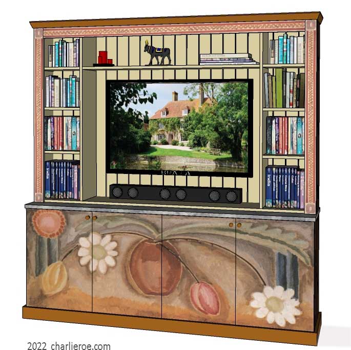 New Bloomsbury Group style painted 4 bay media center bookcase with decorative painting of vase of flowers by Vanessa c.1917