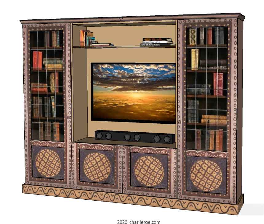 New Bloomsbury Group style painted 4 bay media center bookcase with decorative painting