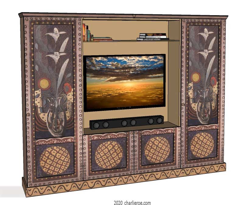 New Bloomsbury Group style painted 4 bay media center bookcase with decorative painting