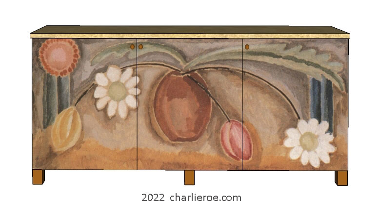 New Omega Workshops Bloomsbury Group style freestanding 3 door sideboard decoratively hand painted vase of flowers design by Vanessa c1917