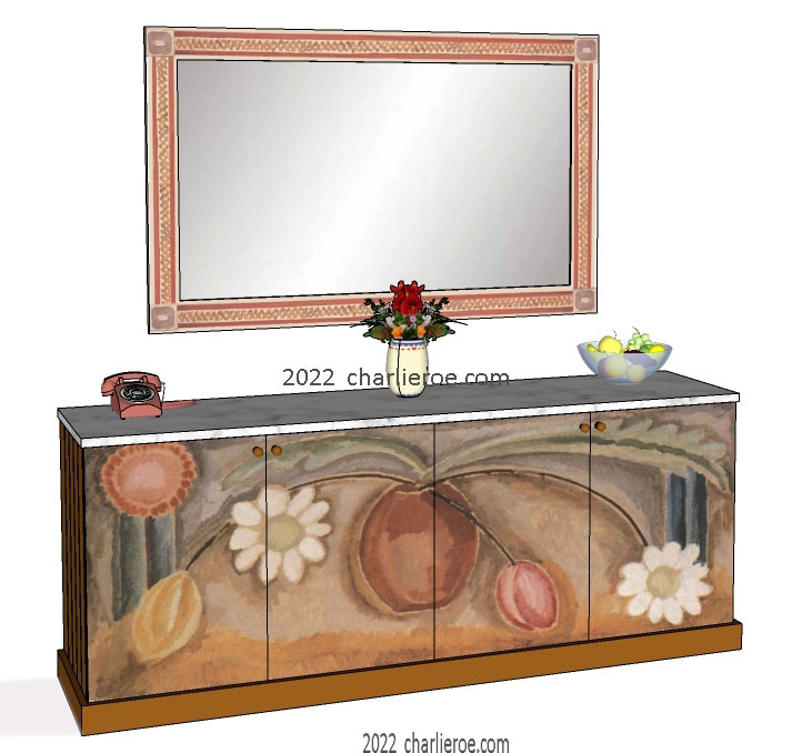 New Omega Workshops Bloomsbury Group style freestanding 4 door sideboard decoratively hand painted vase of flowers design by Vanessa c1917 and matching wall mirror