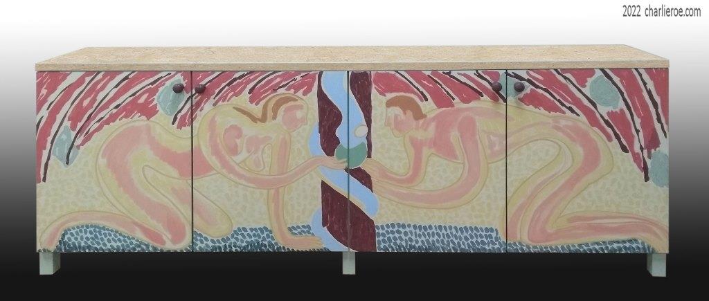 new Omega Workshops style painted 'Adam & Eve' design 4 door sideboard with limestone worktop